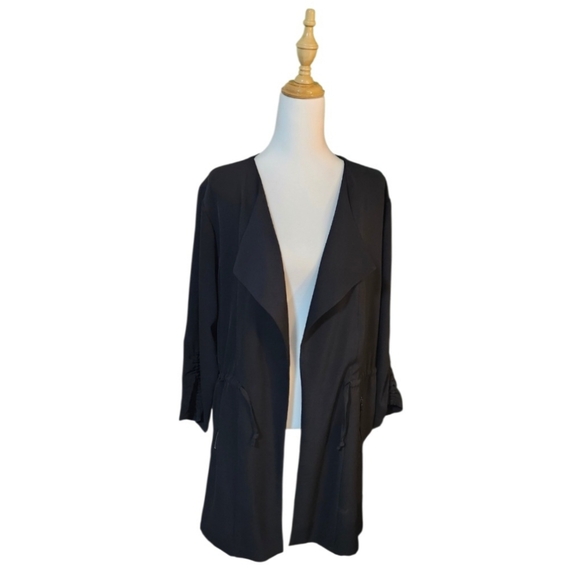 cleo Sweaters - Cleo Draw String Long Black Lightweight Cardigan